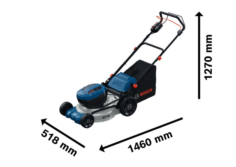 Bild der Produktabmessungen, Rasenmäher, Benzinrasenmäher, Blau Hellblau, Schnittbreite 518mm, BOSCH